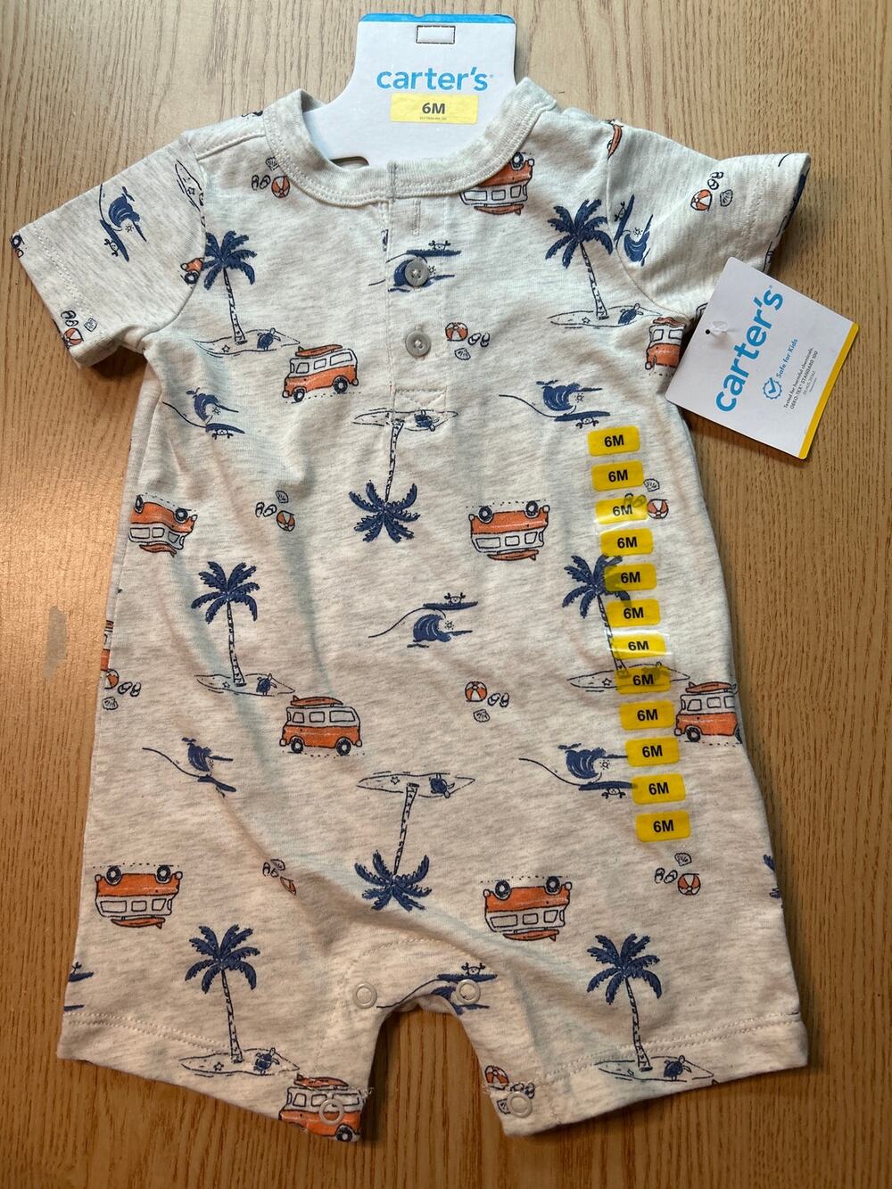 New Carter's Cotton Short Sleeve Romper Beach 🌴Vehicle Graphic Print 6 Months